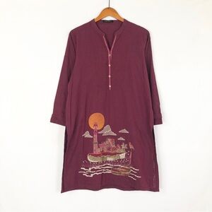 Limelight Midi Dress Embroidered Long Sleeve Sun Button Up Red